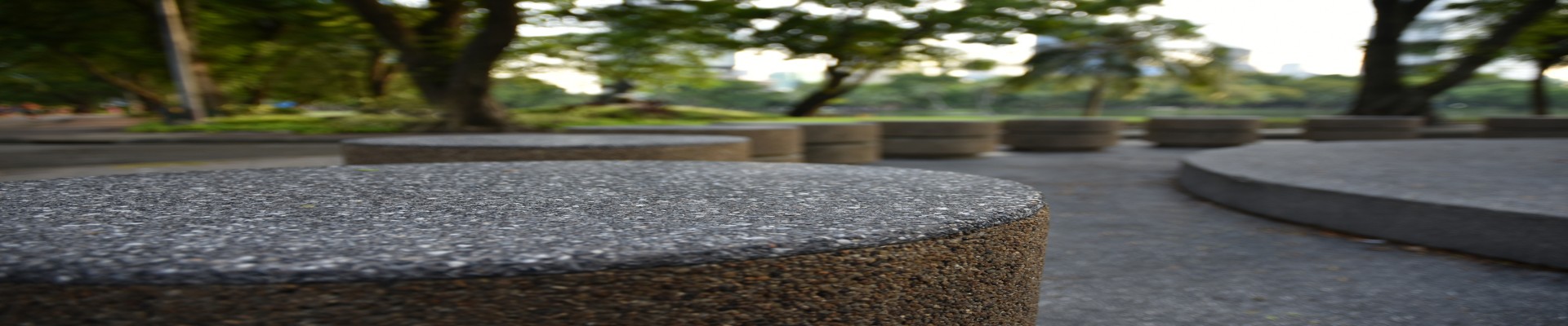 Circular ordered stone bollards with a background of grass and tree-trunks